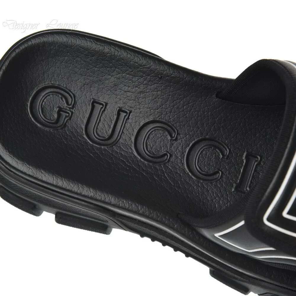 NEW GUCCI Aguru Black Leather & Rubber Logo Sandals Slides G 11 / US 11.5